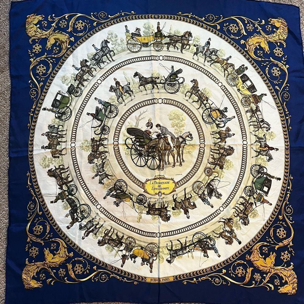 AUTH HERME SCARF, 100% SILK- La Promenade De Longchamps