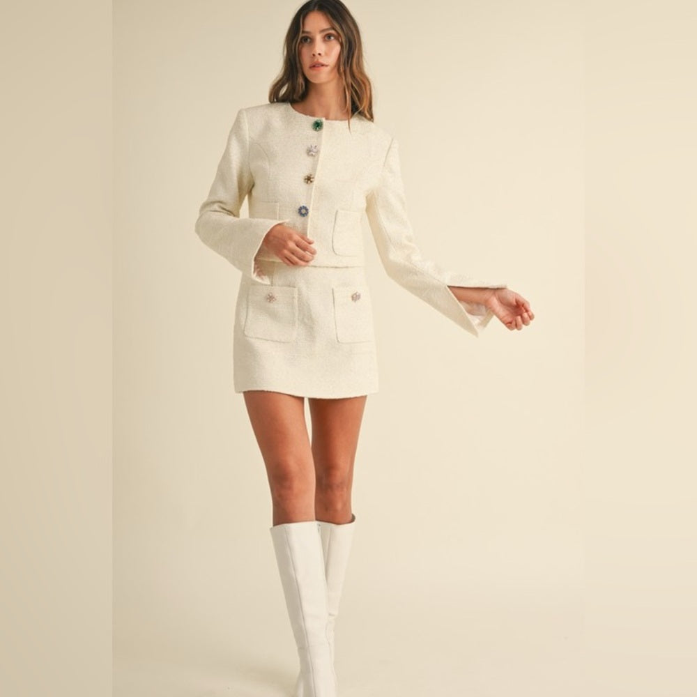 092. Multicolor Jewel Elegant Tweed Skirt Suit Set