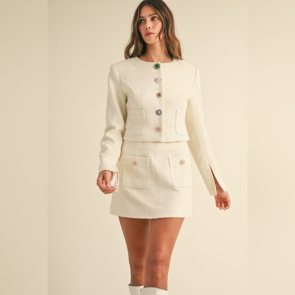 092. Multicolor Jewel Elegant Tweed Skirt Suit Set