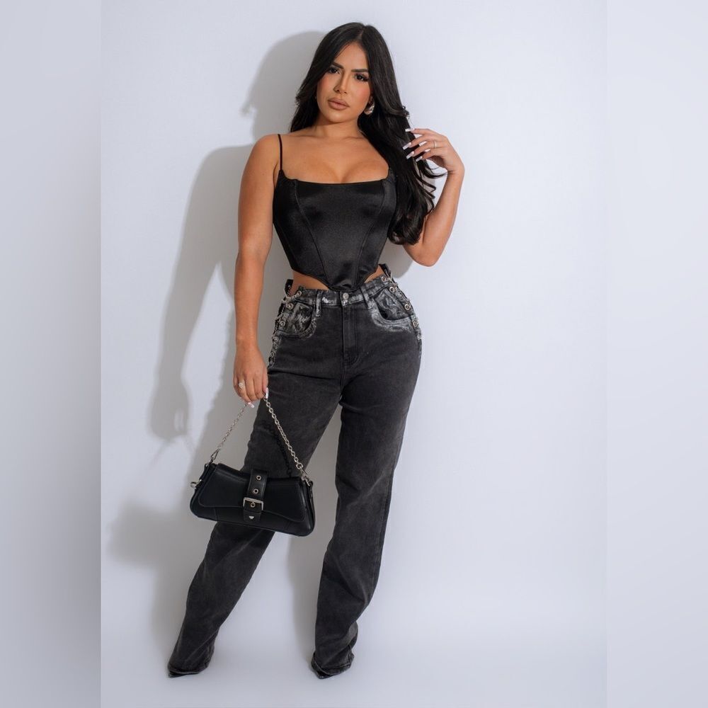 Black denim, jeans with silver lace up chain accent