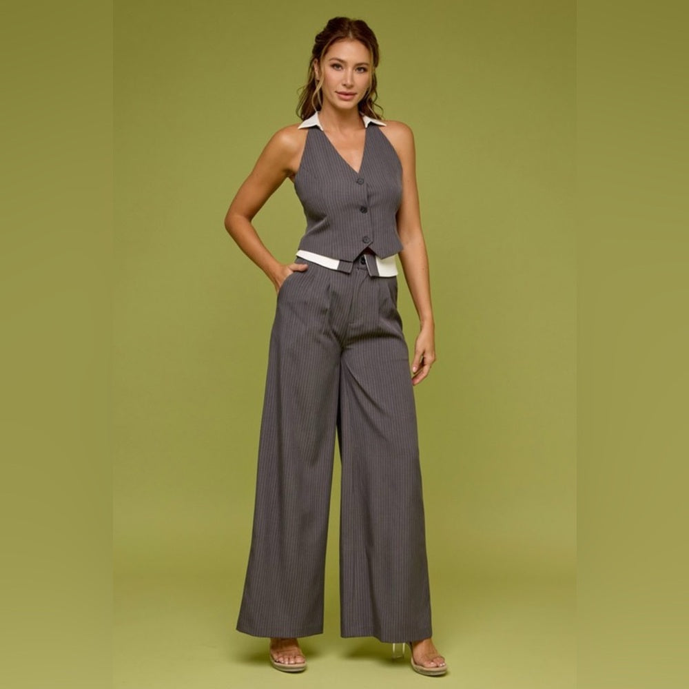 Pin Stripe Vest and Pant Suit Set- Charcoal