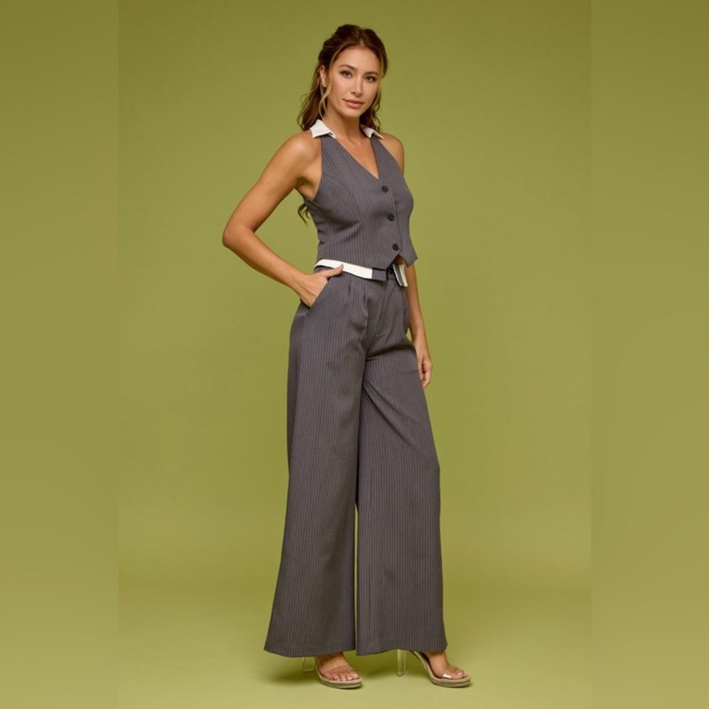 Pin Stripe Vest and Pant Suit Set- Charcoal
