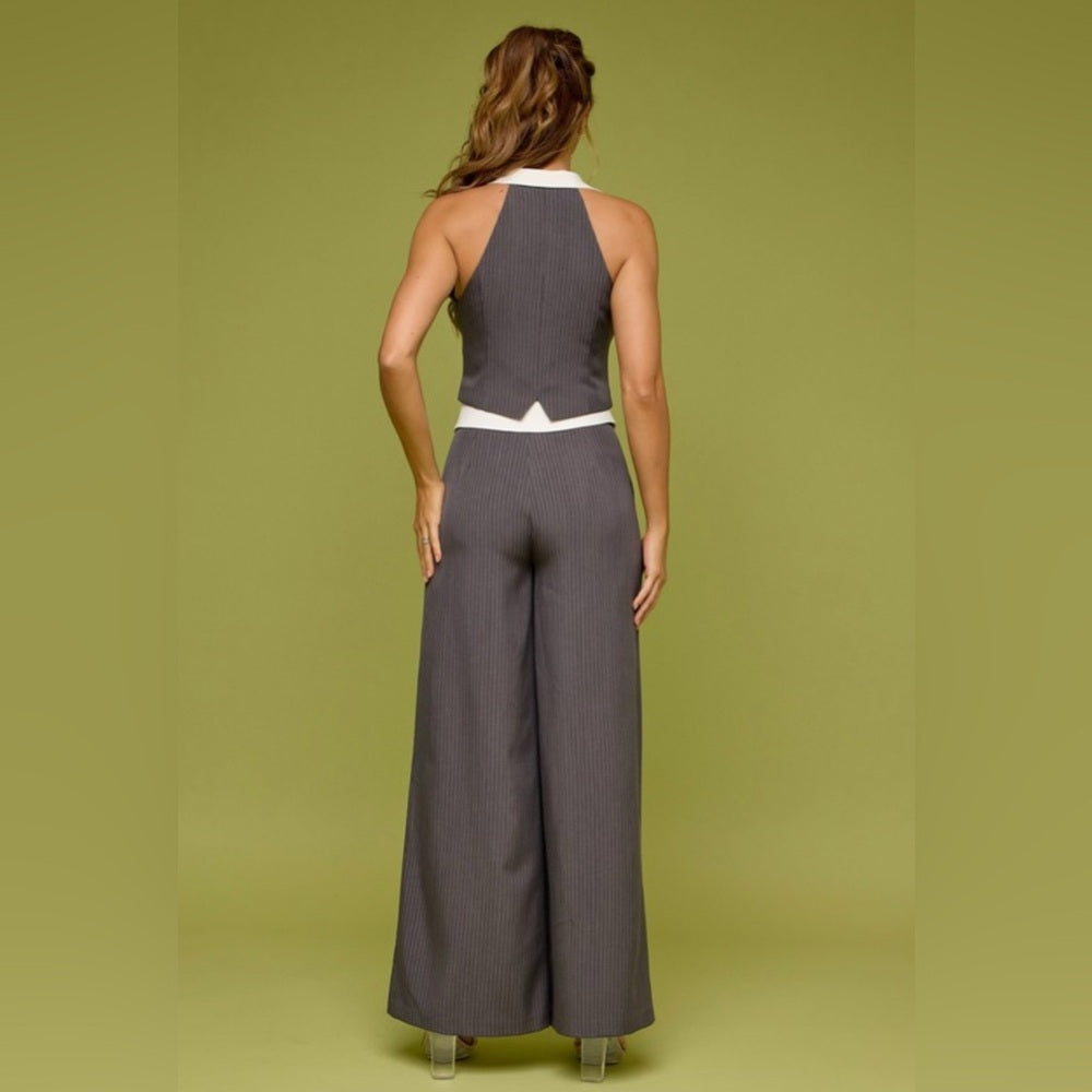 Pin Stripe Vest and Pant Suit Set- Charcoal