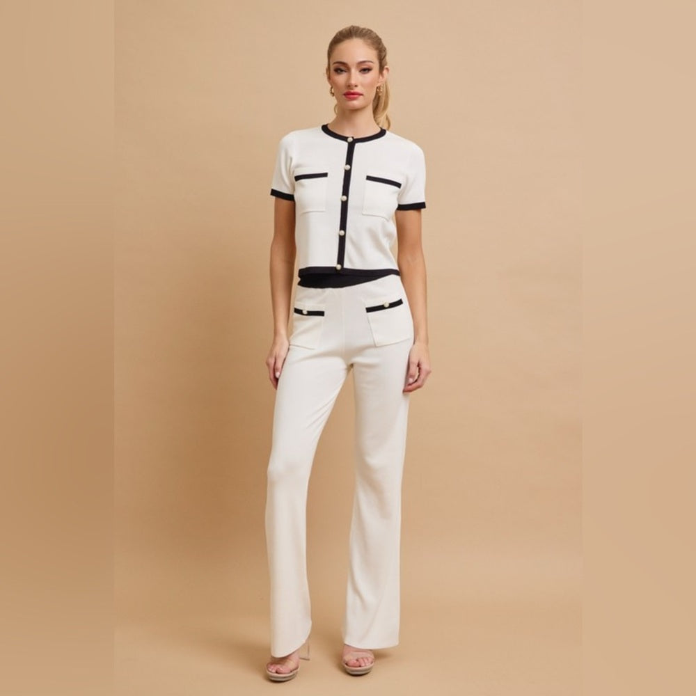 Cardigan & Pant Set, Black and White with Gold Buttons