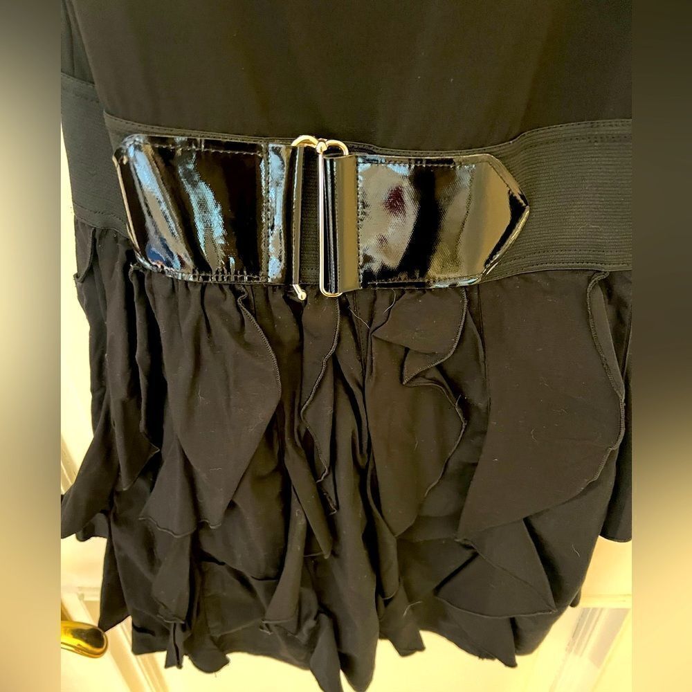 Belted black mini dress in small