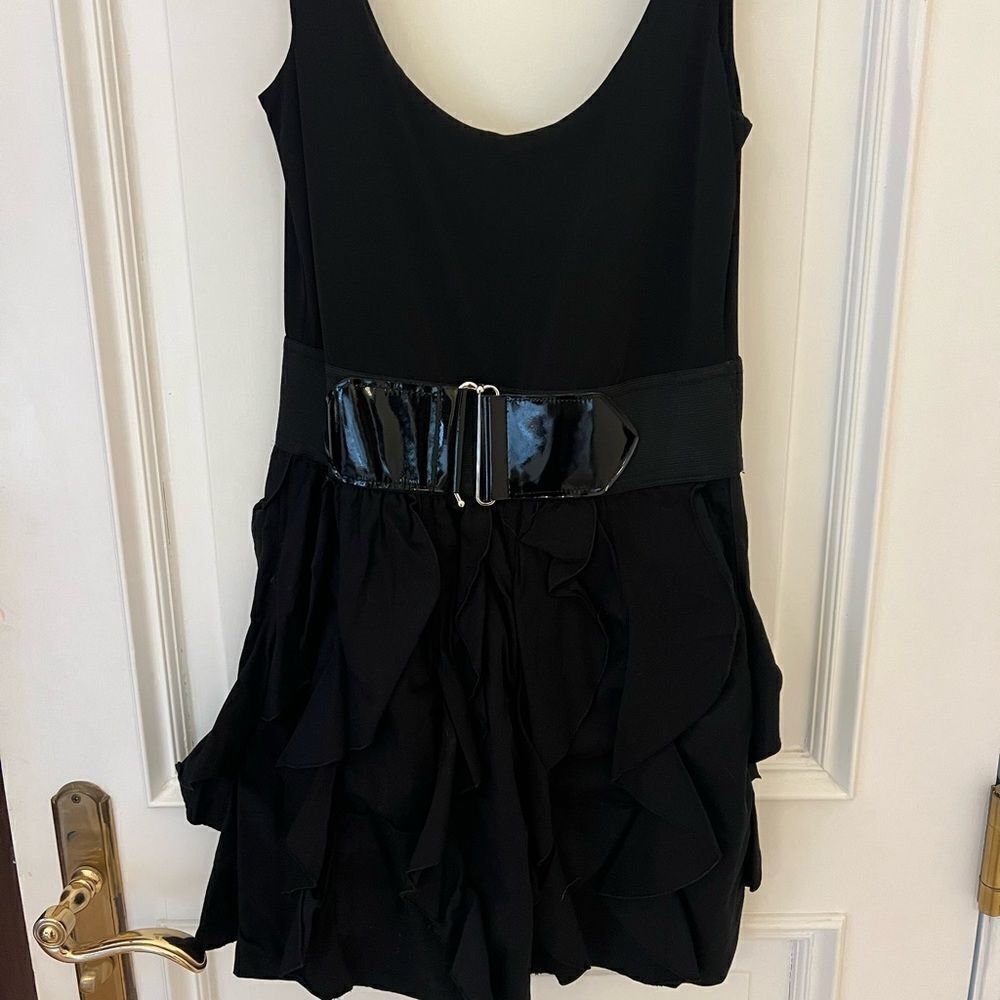 Belted black mini dress in small