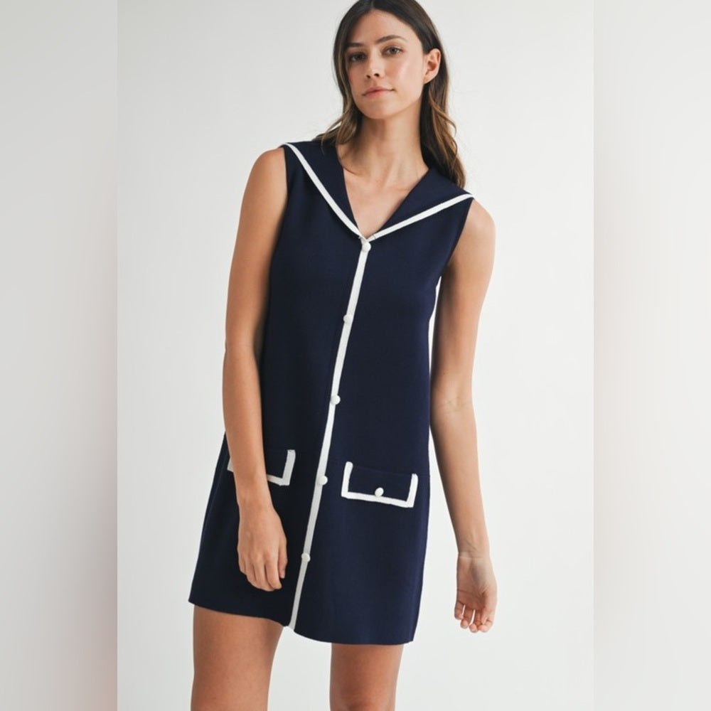 Navy Sleeveless Dress with White Trim