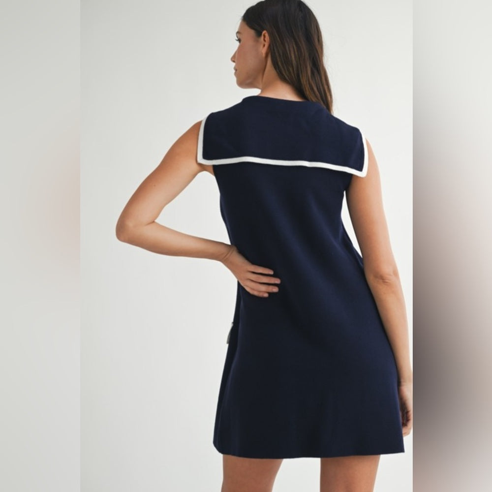 Navy Sleeveless Dress with White Trim