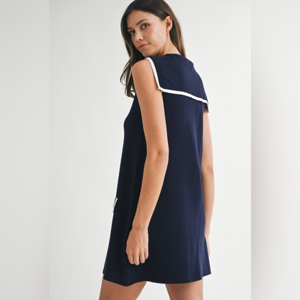 Navy Sleeveless Dress with White Trim