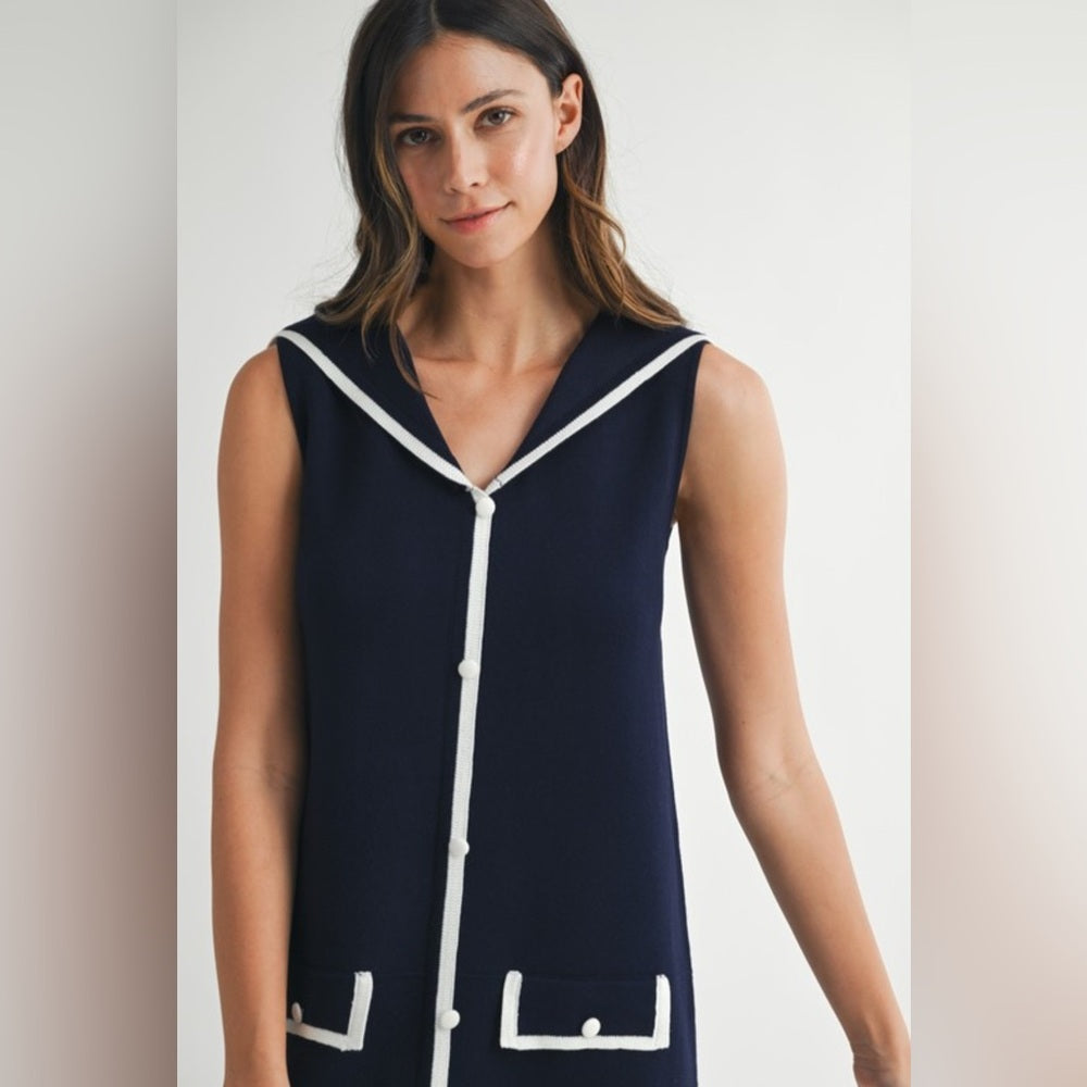 Navy Sleeveless Dress with White Trim