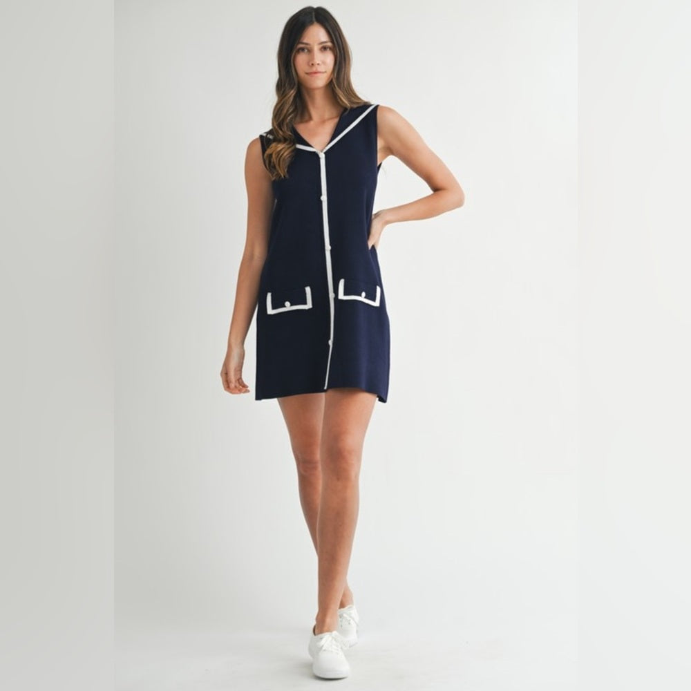 Navy Sleeveless Dress with White Trim