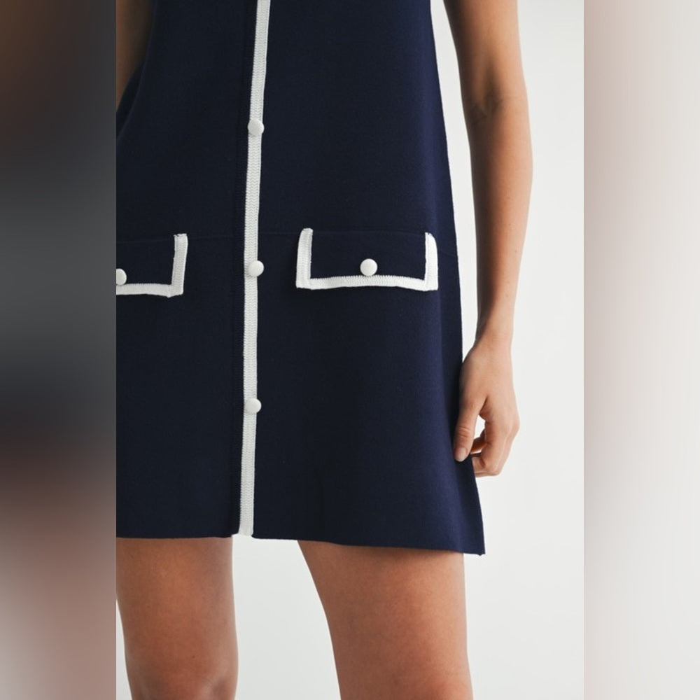 Navy Sleeveless Dress with White Trim