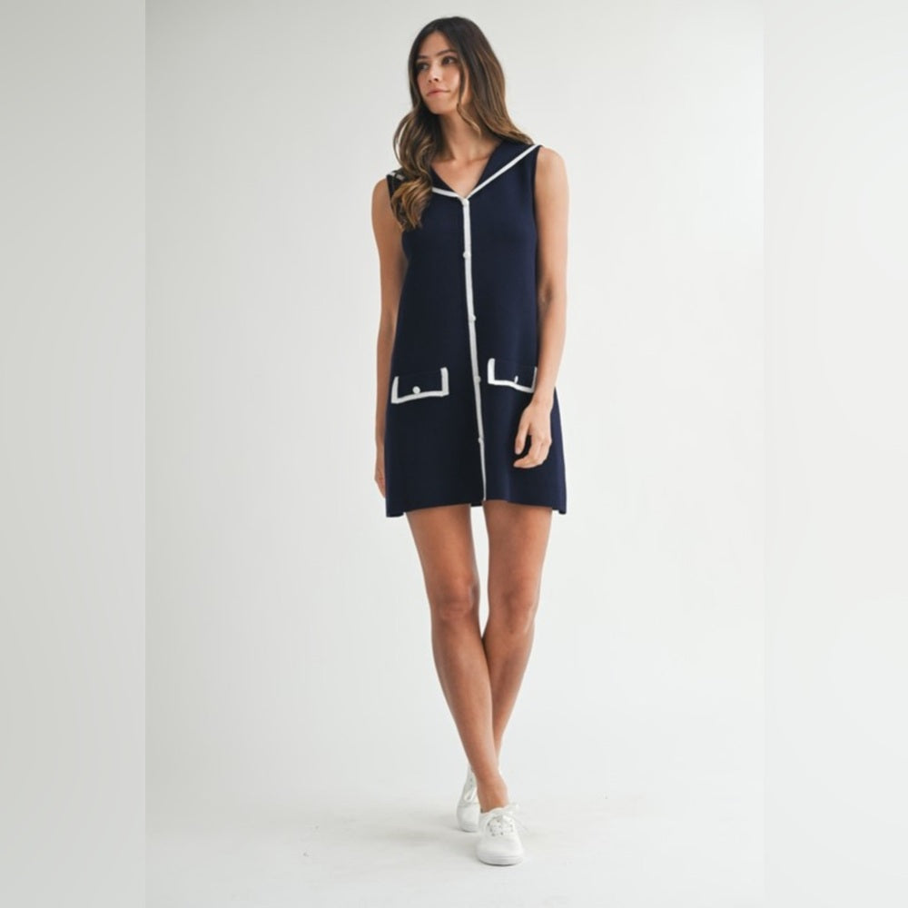 Navy Sleeveless Dress with White Trim