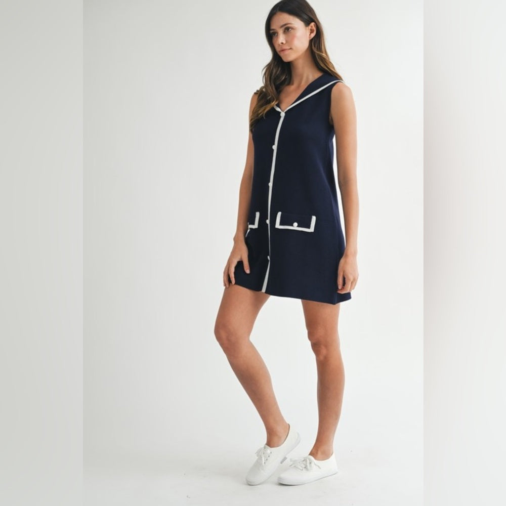 Navy Sleeveless Dress with White Trim