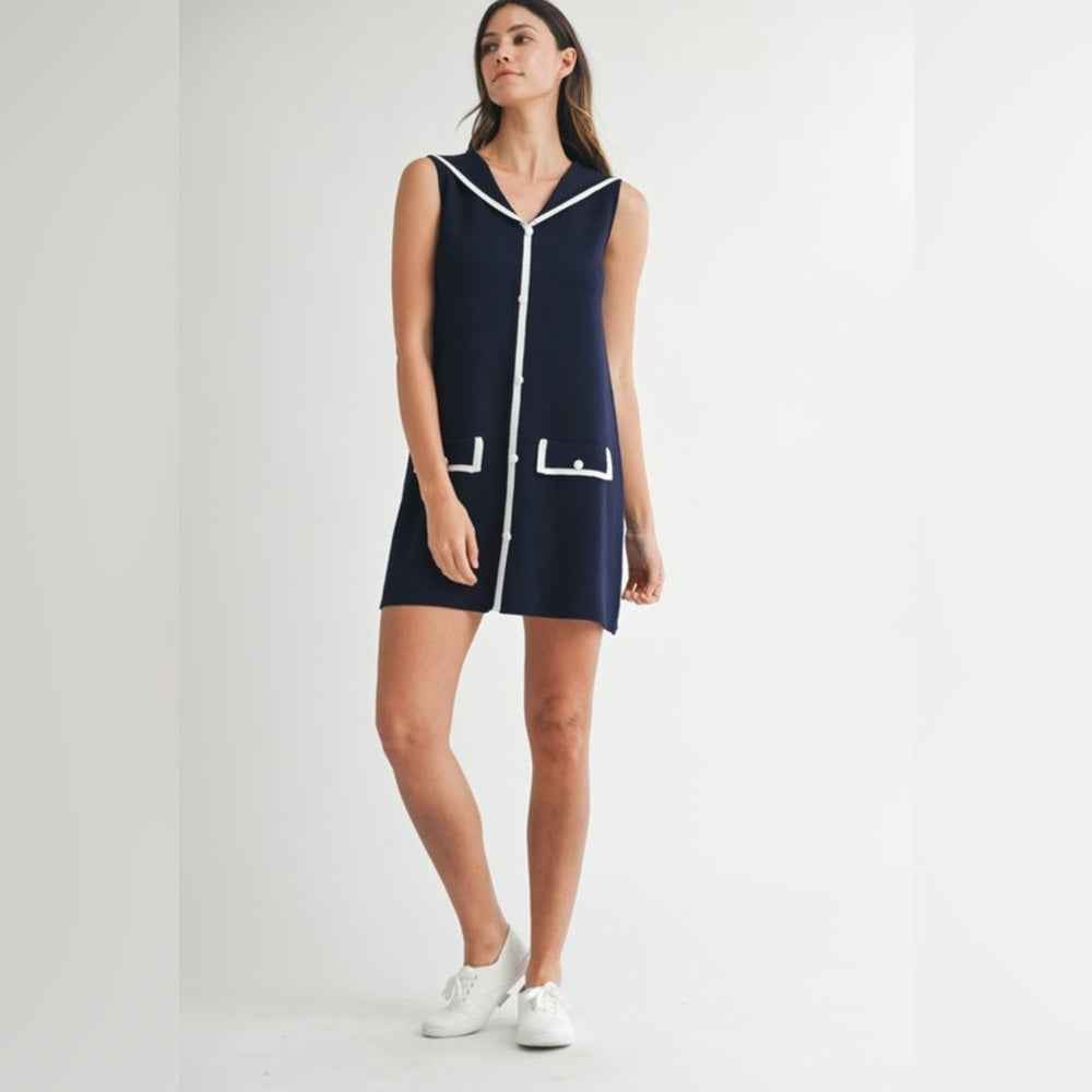 Navy Sleeveless Dress with White Trim