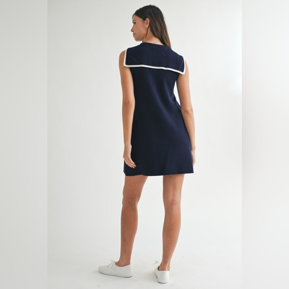 Navy Sleeveless Dress with White Trim