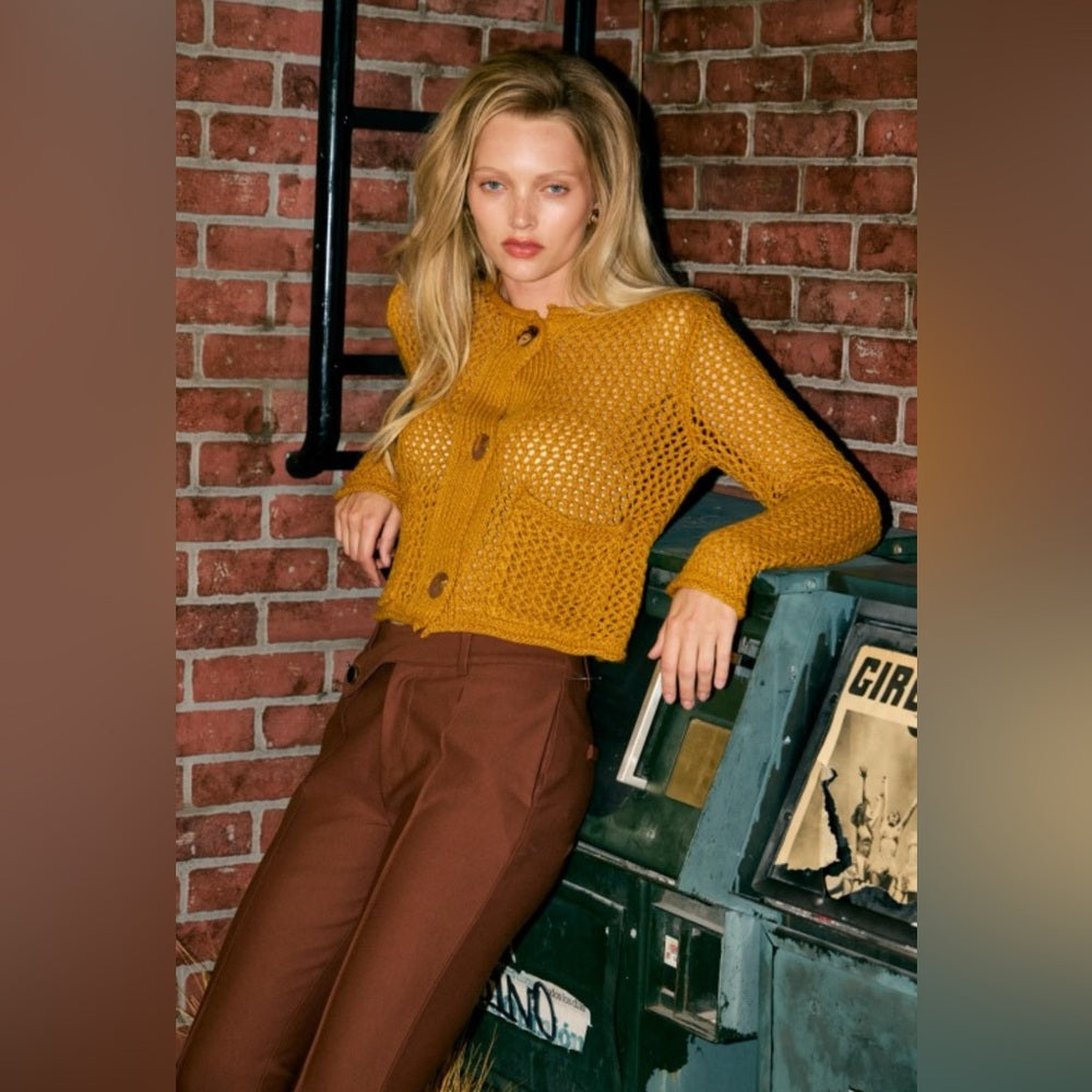 Crochet Mustard Yellow Knit Cardigan