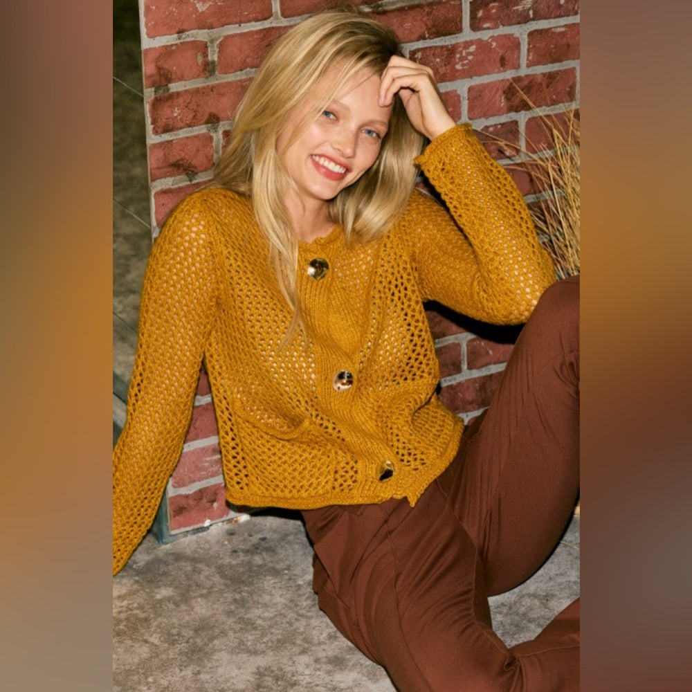 Crochet Mustard Yellow Knit Cardigan