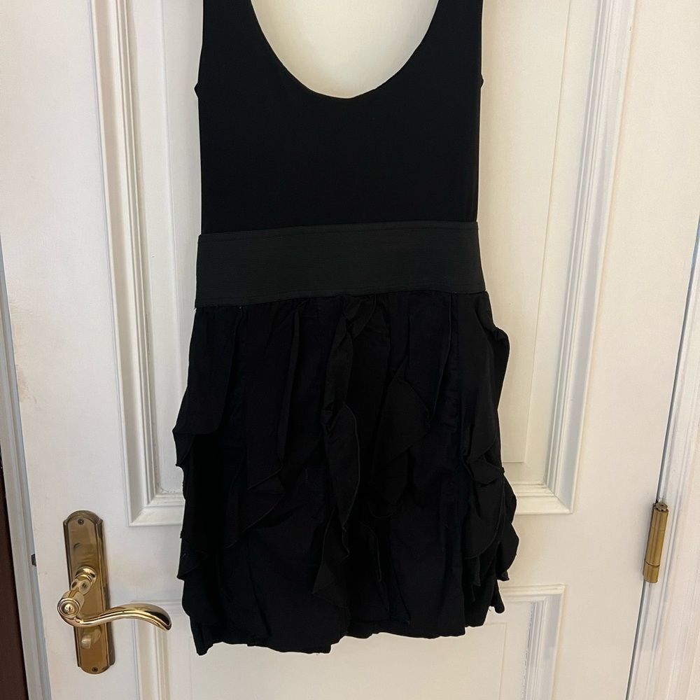 Belted black mini dress in small