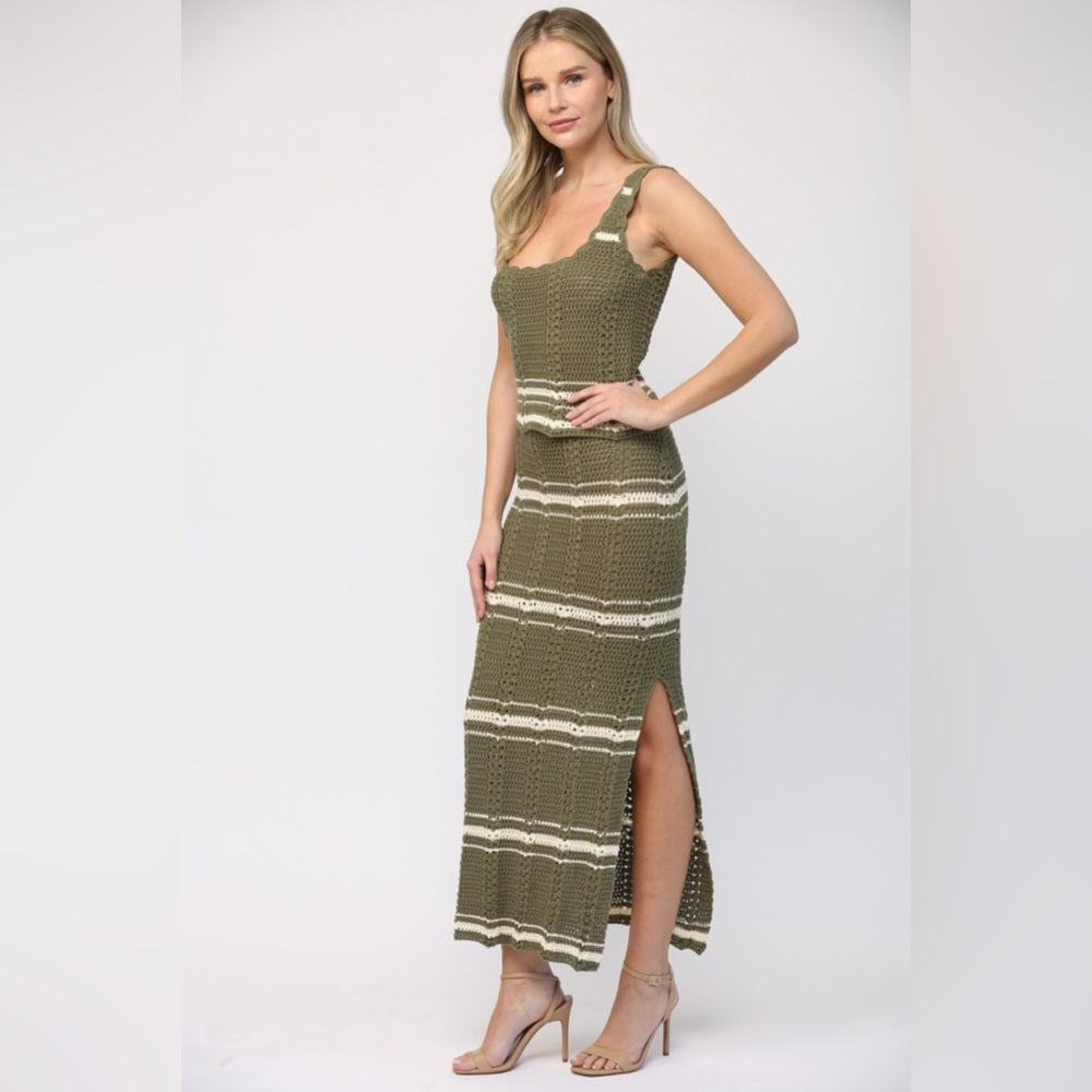 Crochet Tank & Skirt Set- Olive/Cream