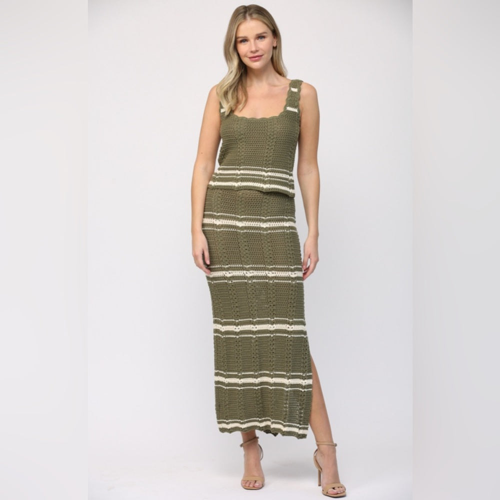 Crochet Tank & Skirt Set- Olive/Cream