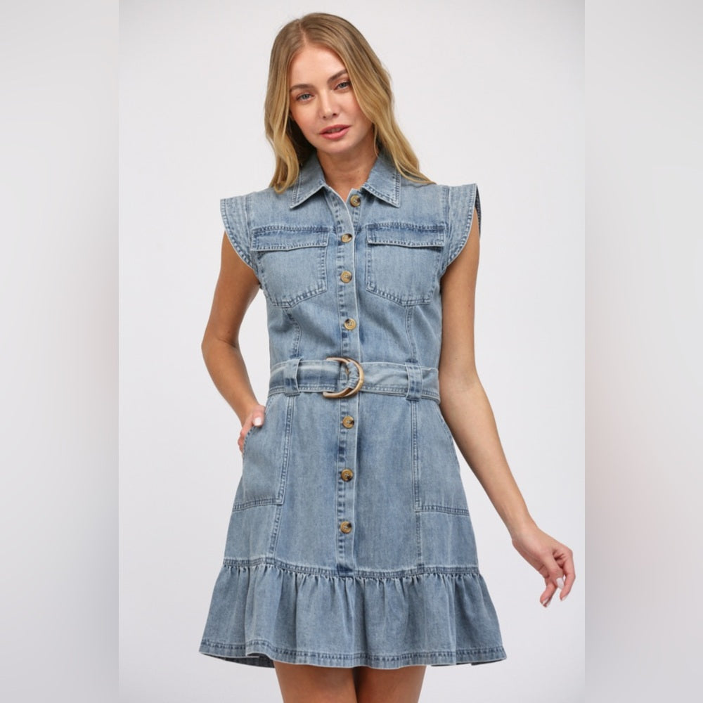 Washed Denim Dress with Belt