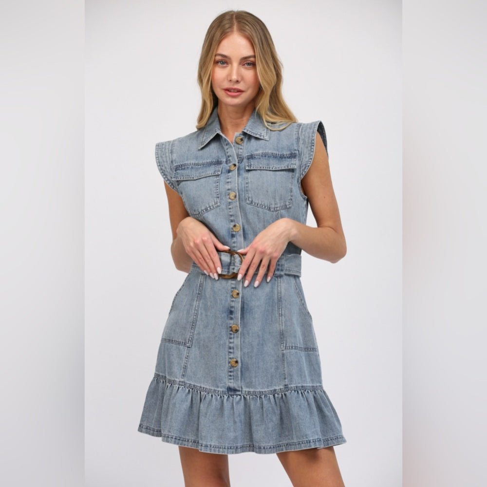 Washed Denim Dress with Belt