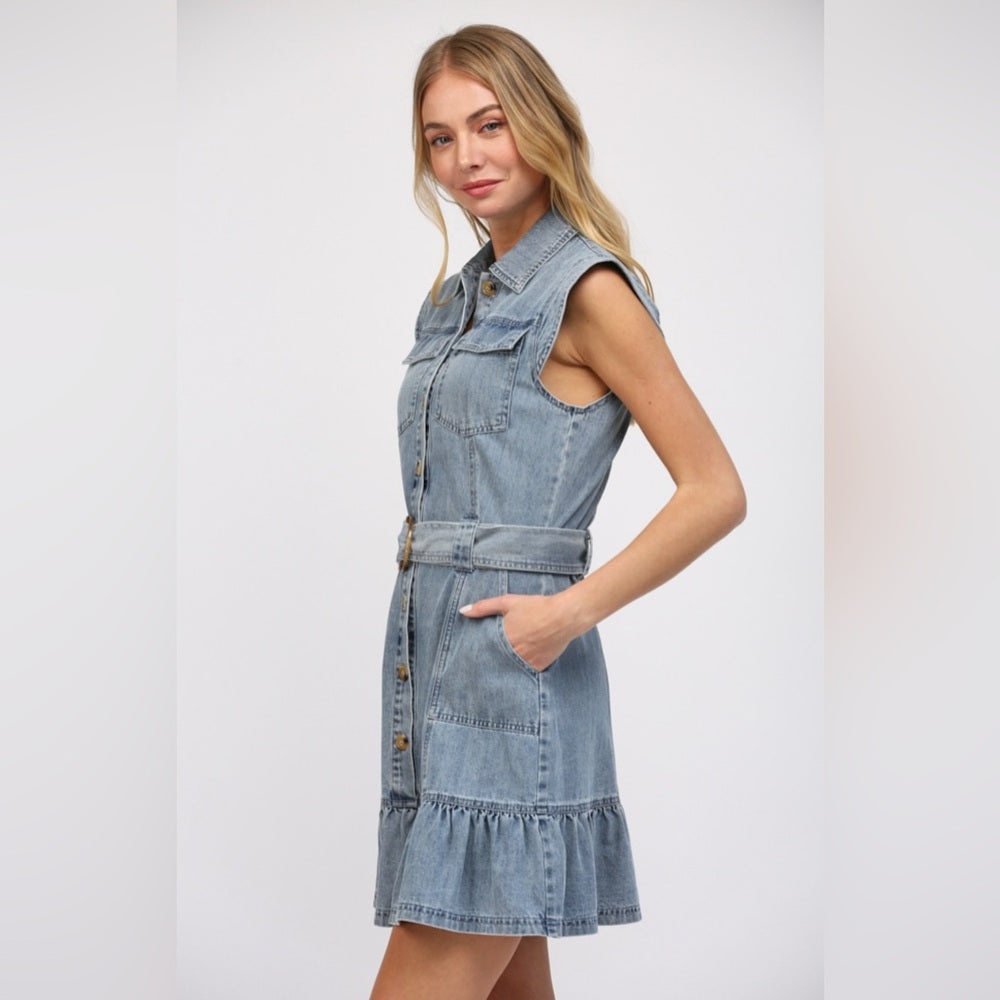 Washed Denim Dress with Belt