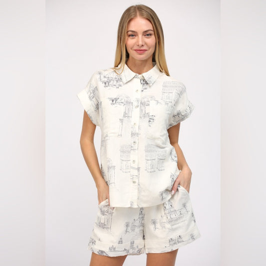 Scenic Print Linen Shorts & Shirt Set