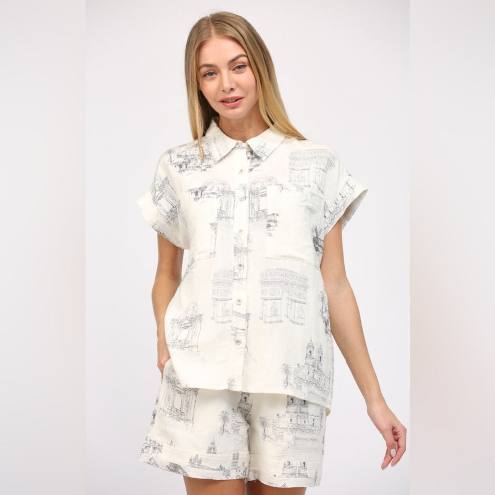 Scenic Print Linen Shorts & Shirt Set