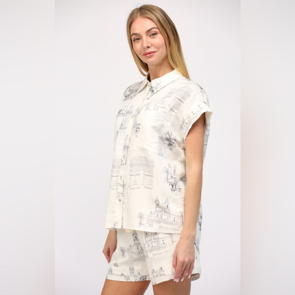 Scenic Print Linen Shorts & Shirt Set