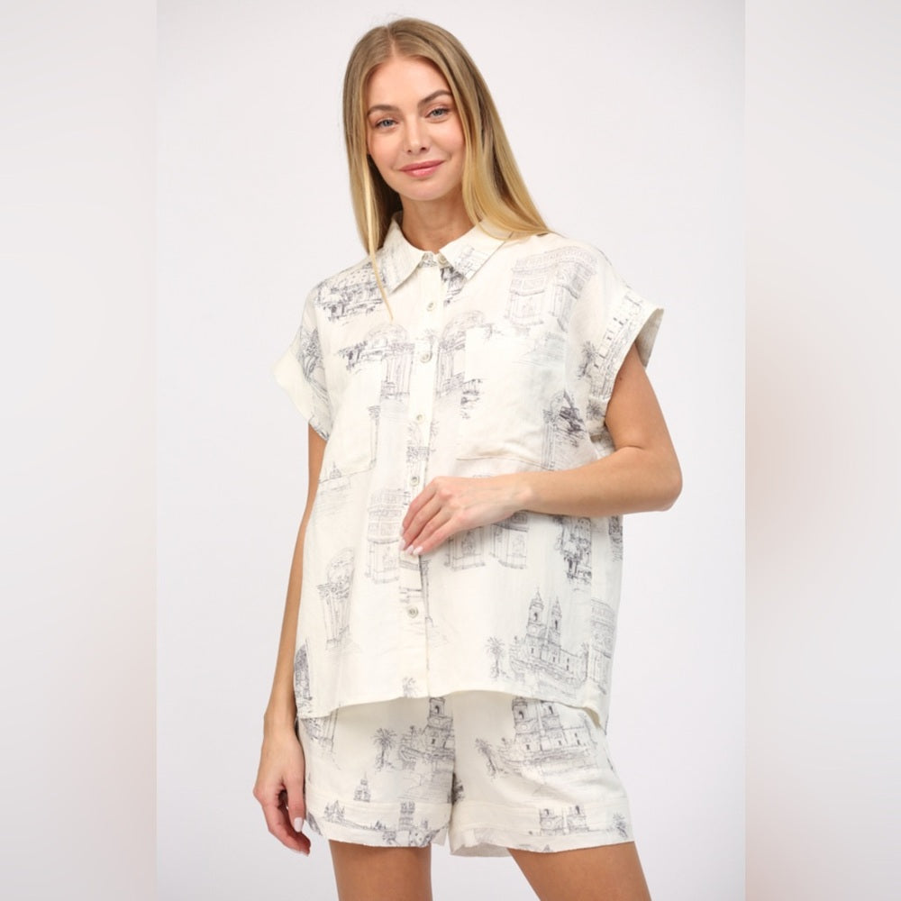 Scenic Print Linen Shorts & Shirt Set