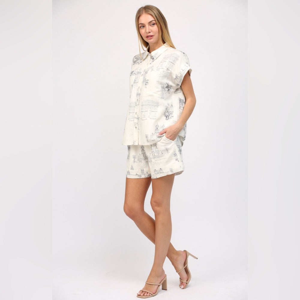 Scenic Print Linen Shorts & Shirt Set