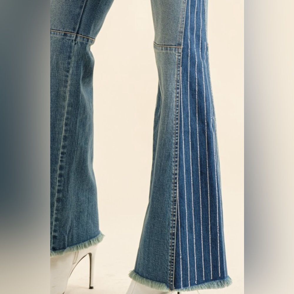 Rhinestone Stripe Side Panel Denim Jeans