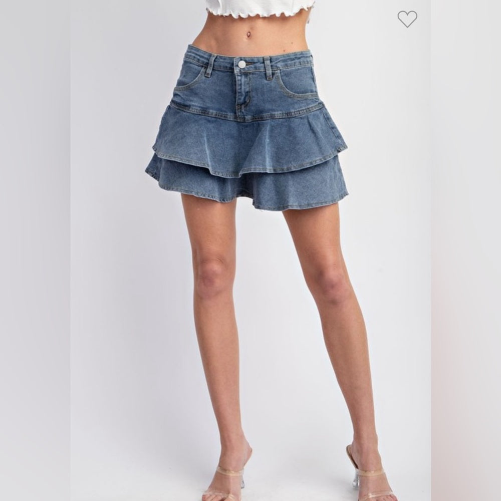 RUFFLE DENIM SKIRT WITH HIDDEN SHORTS!