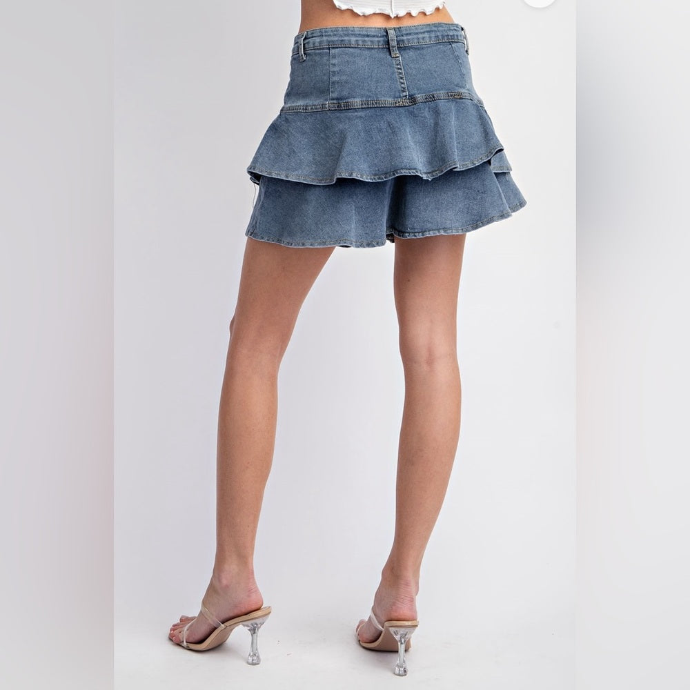 RUFFLE DENIM SKIRT WITH HIDDEN SHORTS!