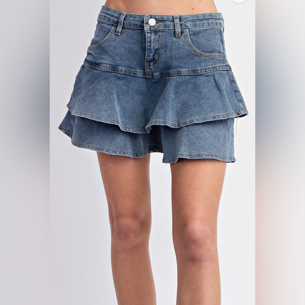 RUFFLE DENIM SKIRT WITH HIDDEN SHORTS!