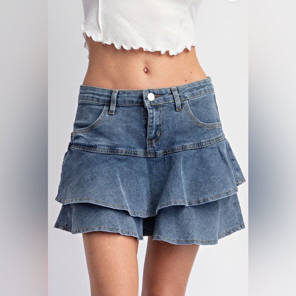 RUFFLE DENIM SKIRT WITH HIDDEN SHORTS!