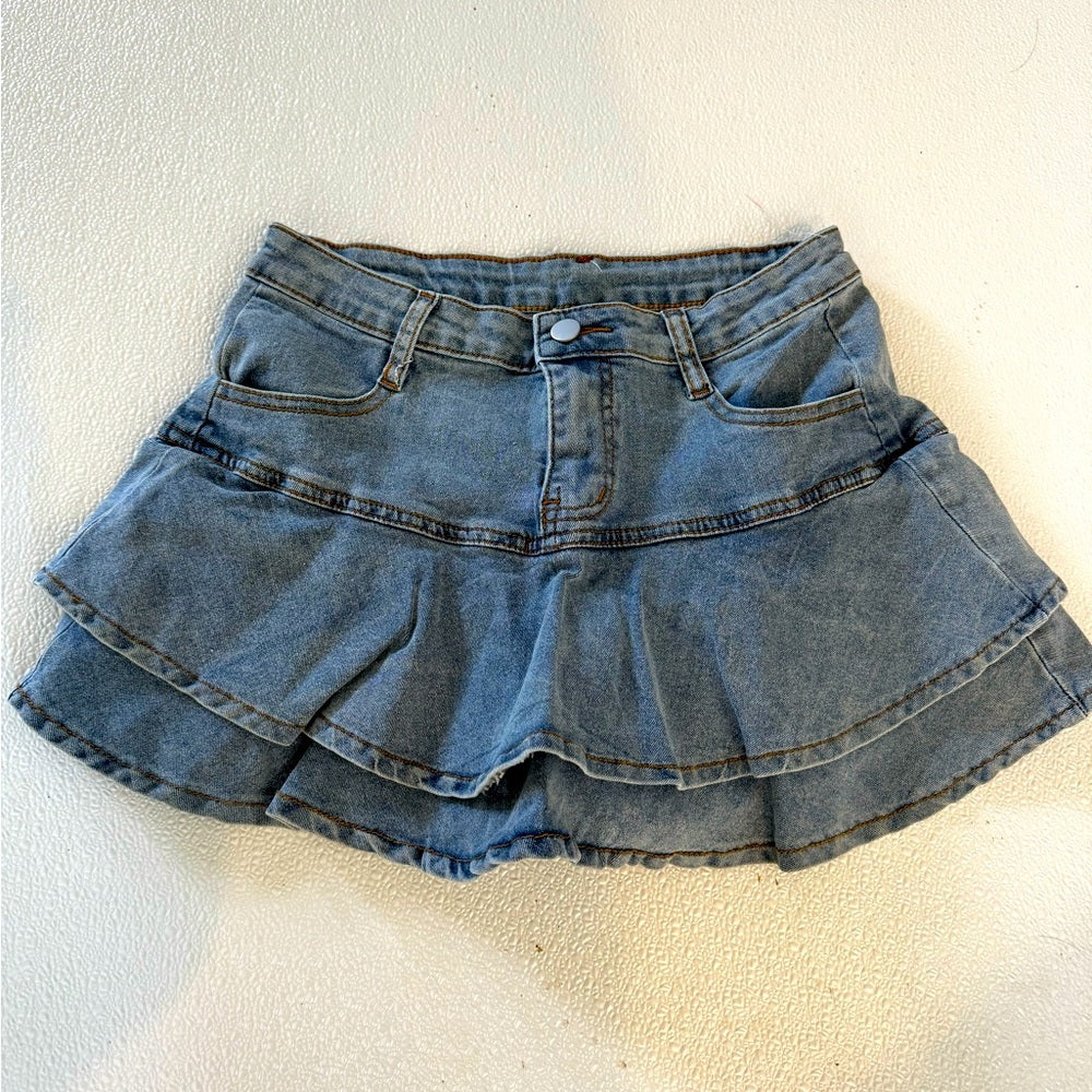 RUFFLE DENIM SKIRT WITH HIDDEN SHORTS!