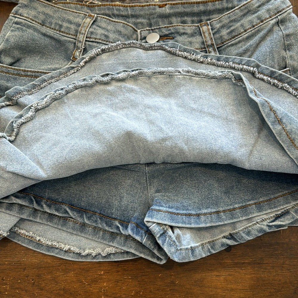 RUFFLE DENIM SKIRT WITH HIDDEN SHORTS!