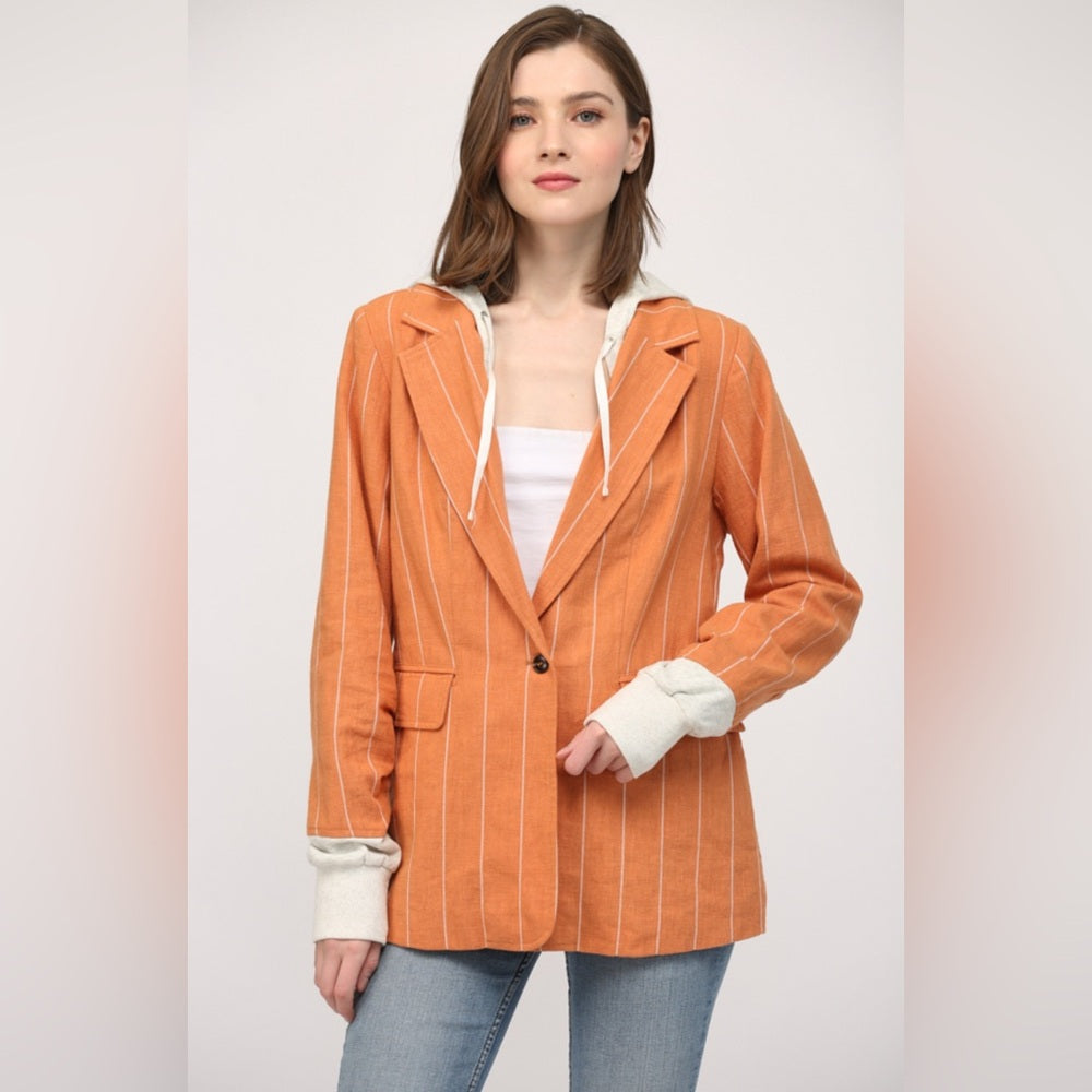 STRIPE LINEN BLEND HOODED JACKET/BLAZER-Orange