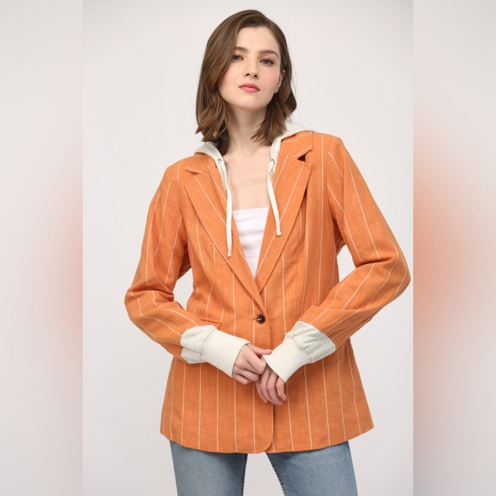 STRIPE LINEN BLEND HOODED JACKET/BLAZER-Orange