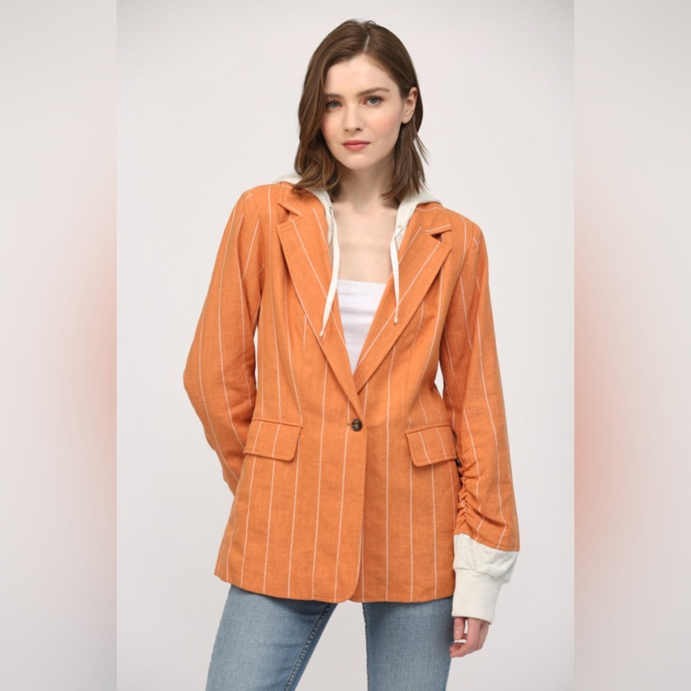 STRIPE LINEN BLEND HOODED JACKET/BLAZER-Orange