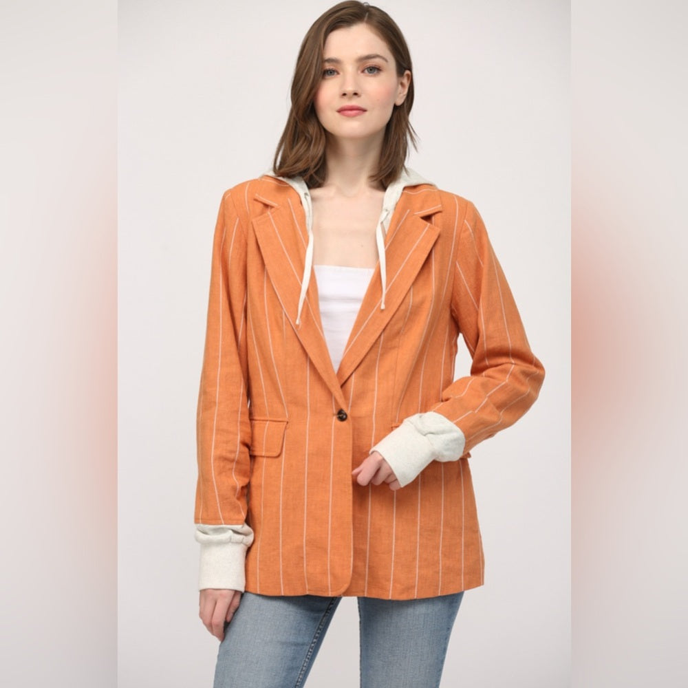 STRIPE LINEN BLEND HOODED JACKET/BLAZER-Orange