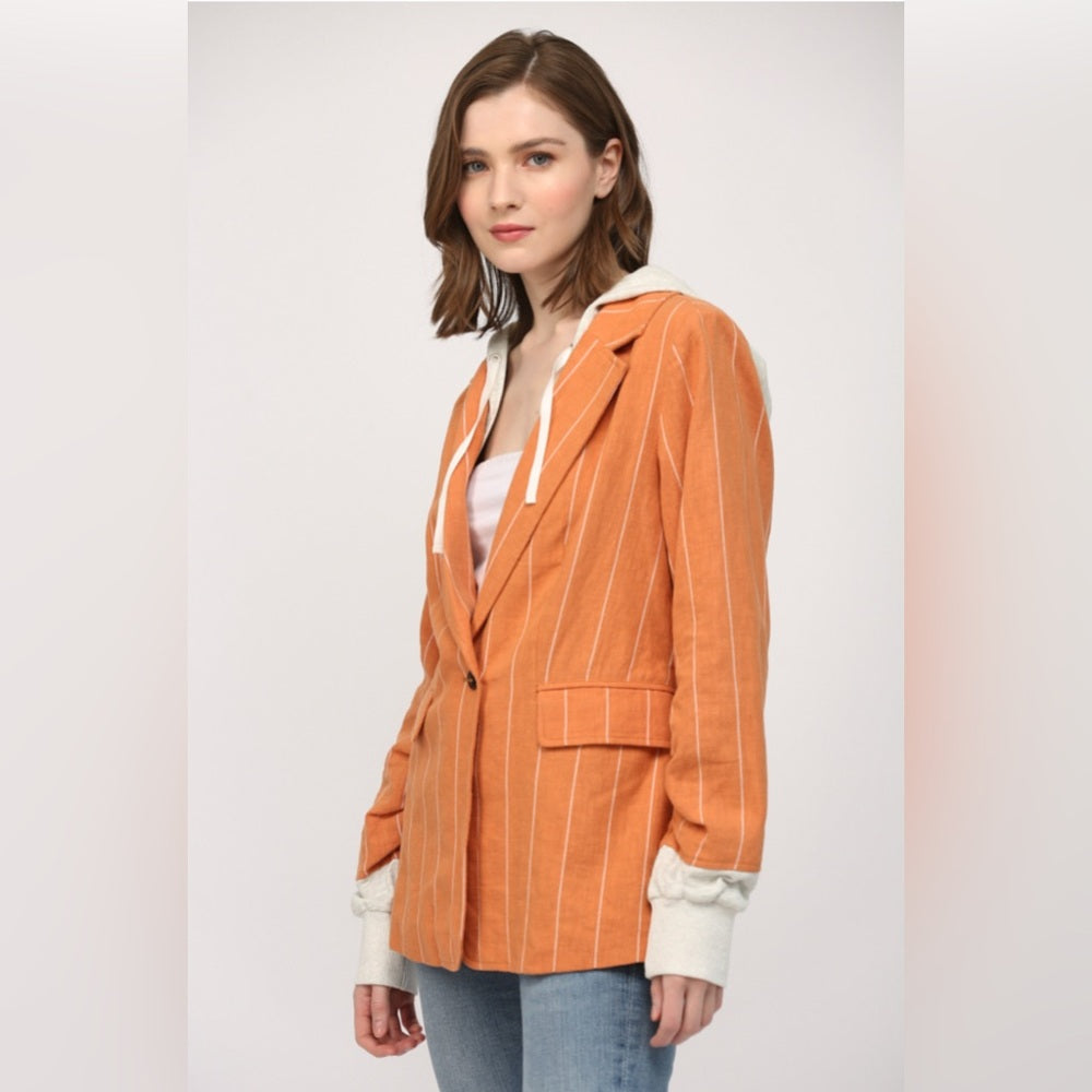 STRIPE LINEN BLEND HOODED JACKET/BLAZER-Orange