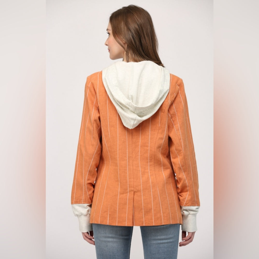 STRIPE LINEN BLEND HOODED JACKET/BLAZER-Orange