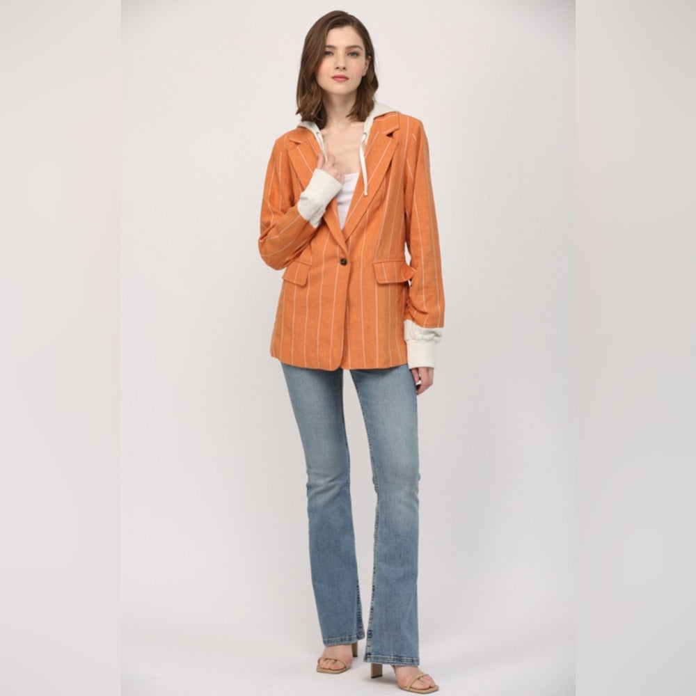 STRIPE LINEN BLEND HOODED JACKET/BLAZER-Orange