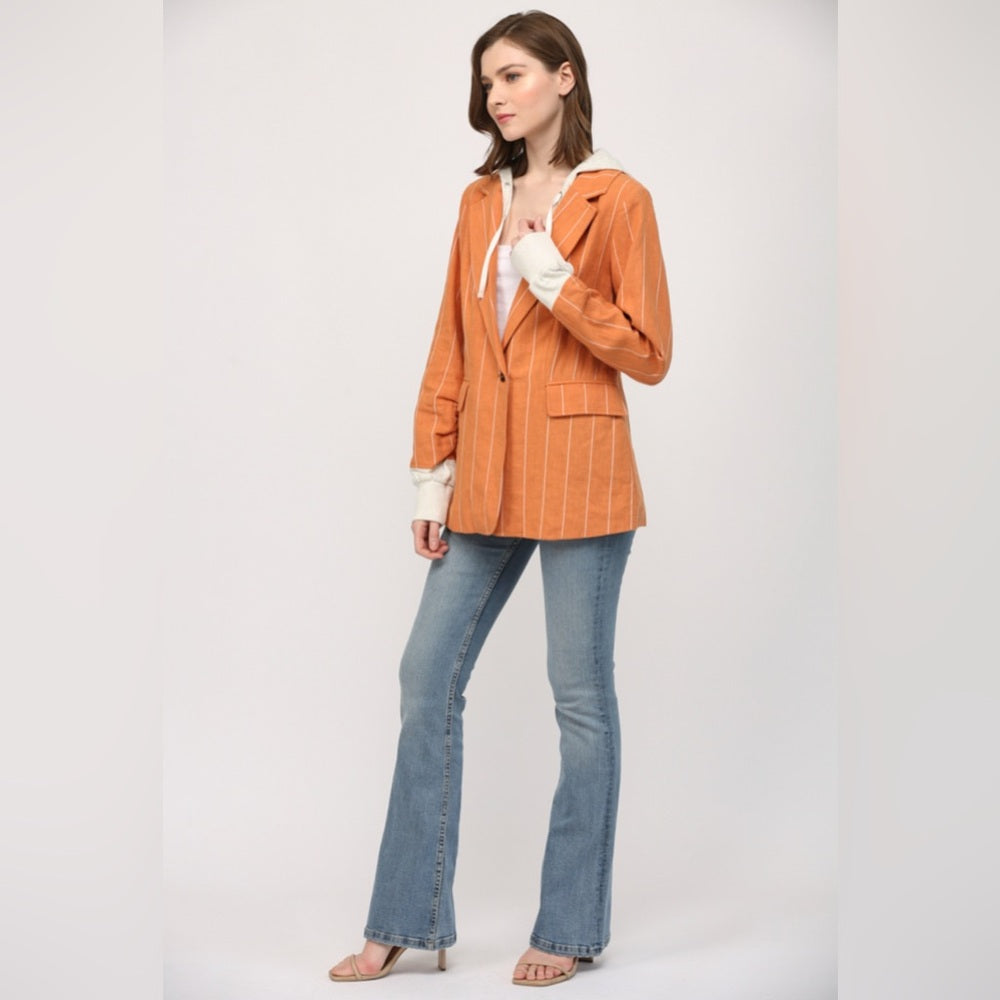 STRIPE LINEN BLEND HOODED JACKET/BLAZER-Orange