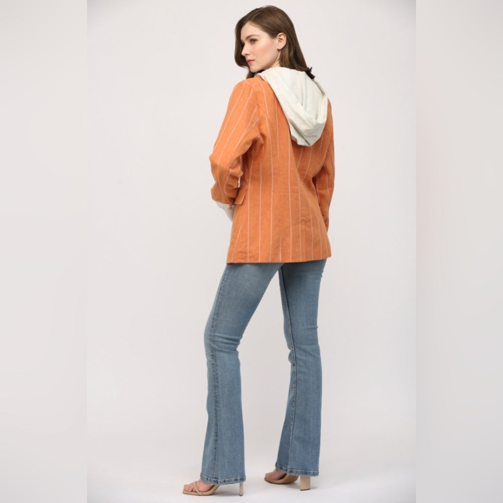 STRIPE LINEN BLEND HOODED JACKET/BLAZER-Orange