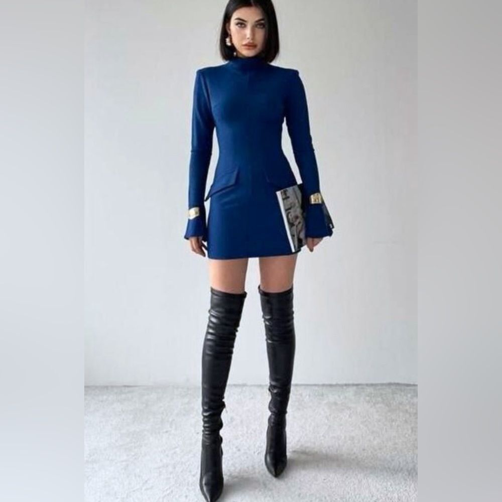 Long Sleeved Mini Dress- Blue